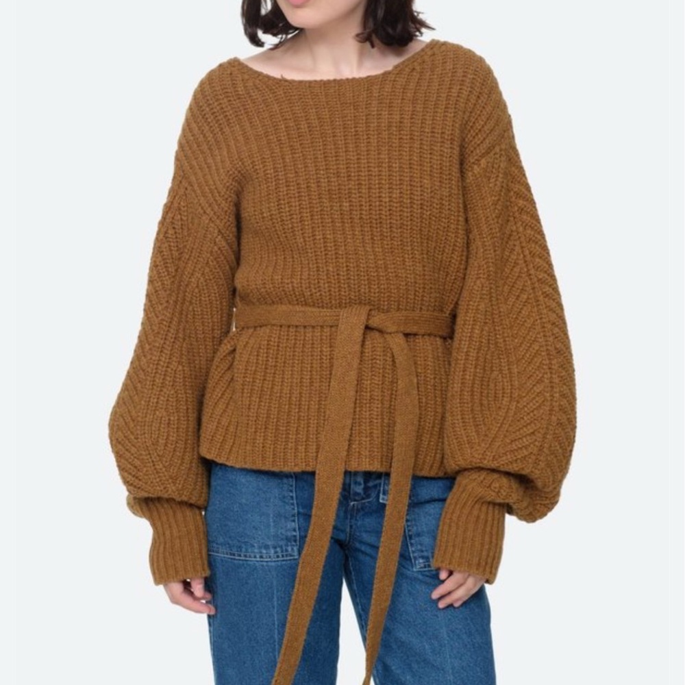 $395 Sea NY Nellie Tie-waist Sweater Pullover 100% Wool Mustard